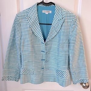 Kay Unger 100% Raw Silk Gingham Blue & White Gingham Blazer w Ruffled Cuffs Sz 8